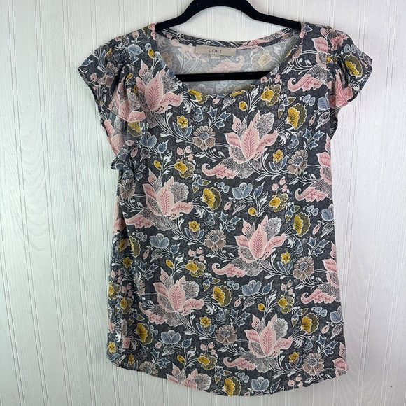 Loft Blouse Short Sleeve Floral print size‎ medium Gray Pink - Picture 1 of 6